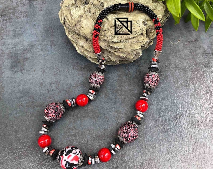 Red Nile Necklace, chunky necklace, polymer clay necklace, kumihimo necklace