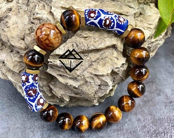 Blue n Brown Serenity Men’s Tiger Eye Bracelet, Gemstone bracelet, Unisex Stretch bracelet, African bracelet