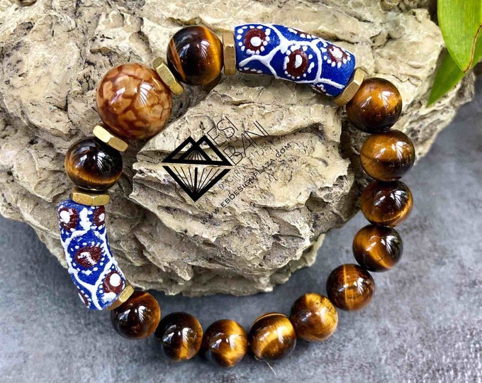 Blue n Brown Serenity Men’s Tiger Eye Bracelet, Gemstone bracelet, Unisex Stretch bracelet, African bracelet