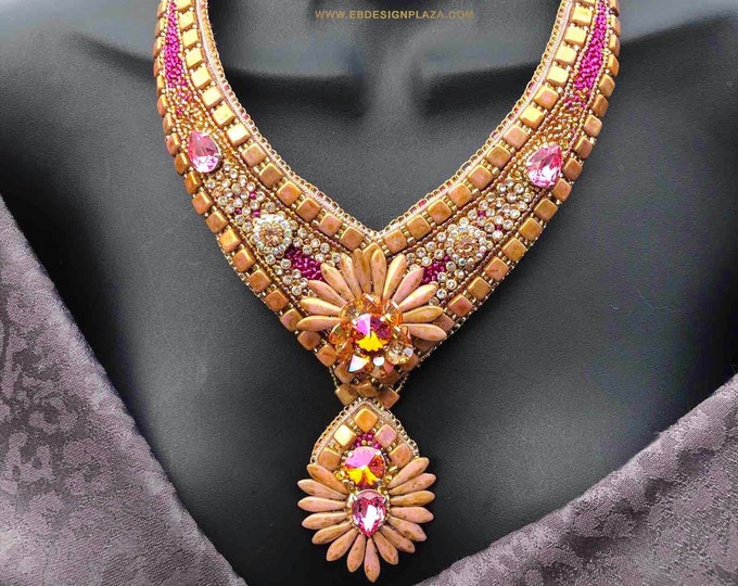 FUCHSIA ‘n’ ROSE GOLD Necklace/ Bead Embroidery/ Swarovski Crystal Neckpiece/ Statement Necklace