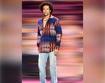 Camisa de hombre BLUE 'n UMBER TRIANGLES, camisa con estampado africano de manga larga, camisa Ankara 100% algodón, camisa de vestir con botones Sku# MLSS1030
