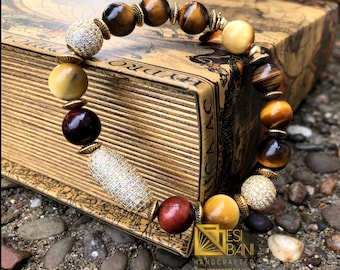 Mfalme Tiger Eye and Pavé Cubic Zirconia Men’s Bracelet/ Gemstone bracelets/ Men’s Jewelry