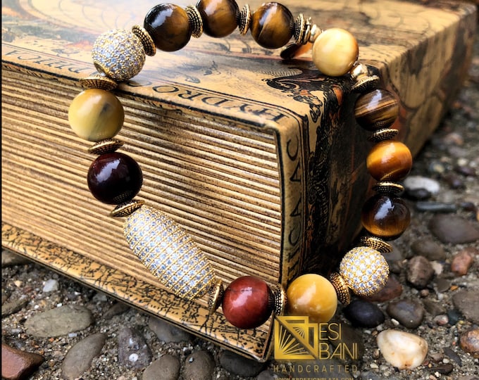 Mfalme Tiger Eye and Pavé Cubic Zirconia Men’s Bracelet/ Gemstone bracelets/ Men’s Jewelry