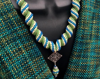 LORGORLIGI CELLINI Peyote Necklace, Blue-Green beaded neckpiece