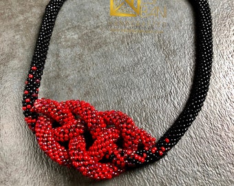 ADIZA Red ‘n’ Black Ombré Beaded Necklace, Statement Kumihimo Neckpiece, Holiday Jewelry