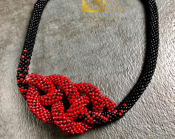 ADIZA Red ‘n’ Black Ombré Beaded Necklace, Statement Kumihimo Neckpiece, Holiday Jewelry