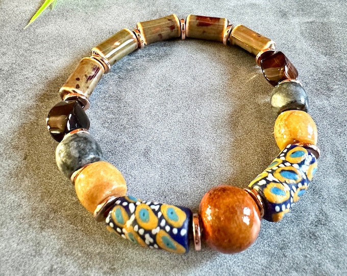 Brown Ceramic  & Krobo Recycled Glass beads Men’s bracelet, Gold Brown and Ochre Unisex Stretch bracelet-, African bracelet SKU #BM2410