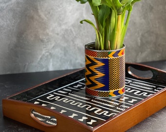 Bandeja de resina de tela de barro negra y blanca, bandeja de madera y tela, bandejas de regalo de boda, bandeja africana de Ankara SKU MRT1003