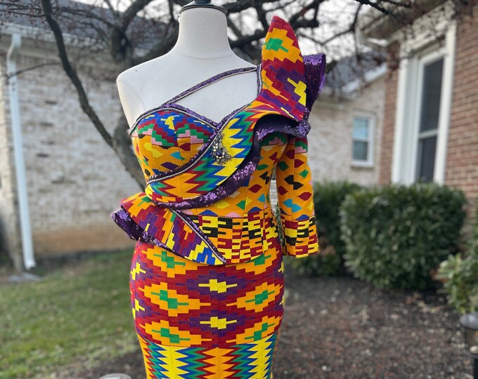 Kente Splendor One Arm  dress, Nyatefe Kente Dress, Purple, gold and burgundy dress, Multicolor Kente dress SKU SOD1013