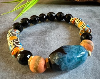 Blue Sunrise Agate, Faceted Onyx & Krobo beads Bracelet, Gemstone bracelet, Unisex Stretch bracelet, African bracelet SKU #BM2405