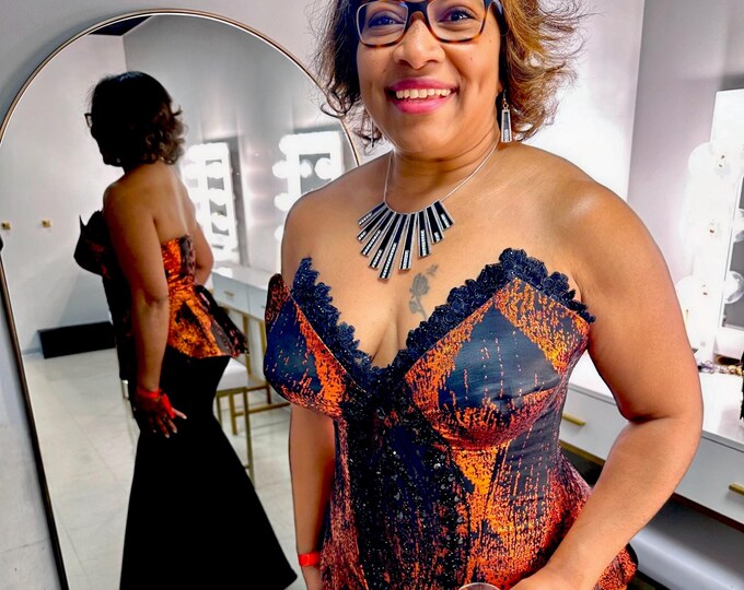 RED N BLACK Brocade Corset with Black Mermaid skirt, Evening Dress, Anniversary Dress, Special Occasion, Wedding Dress, dress SKu#BD1023