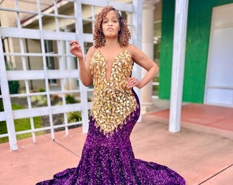 PURPLE ‘N’ GOLD Mermaid style Prom Dress with Gold Crystals, Purple Sequin Velvet, SKU# PRM1001