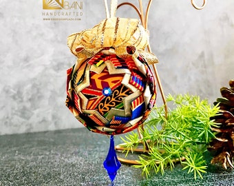 Blue n Gold Kente Christmas Ornament, Quilted Fabric Ornament, Round Ornament, Royal Ornament,  Ankara African Ornament SKU KCO1010
