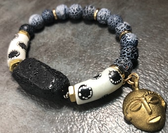 Lava Rock, Cracked Black Agate, Krobo Glass & Brass Mask Mens Bracelet, Gemstone Bracelet, Black-White-Grey Bracelet