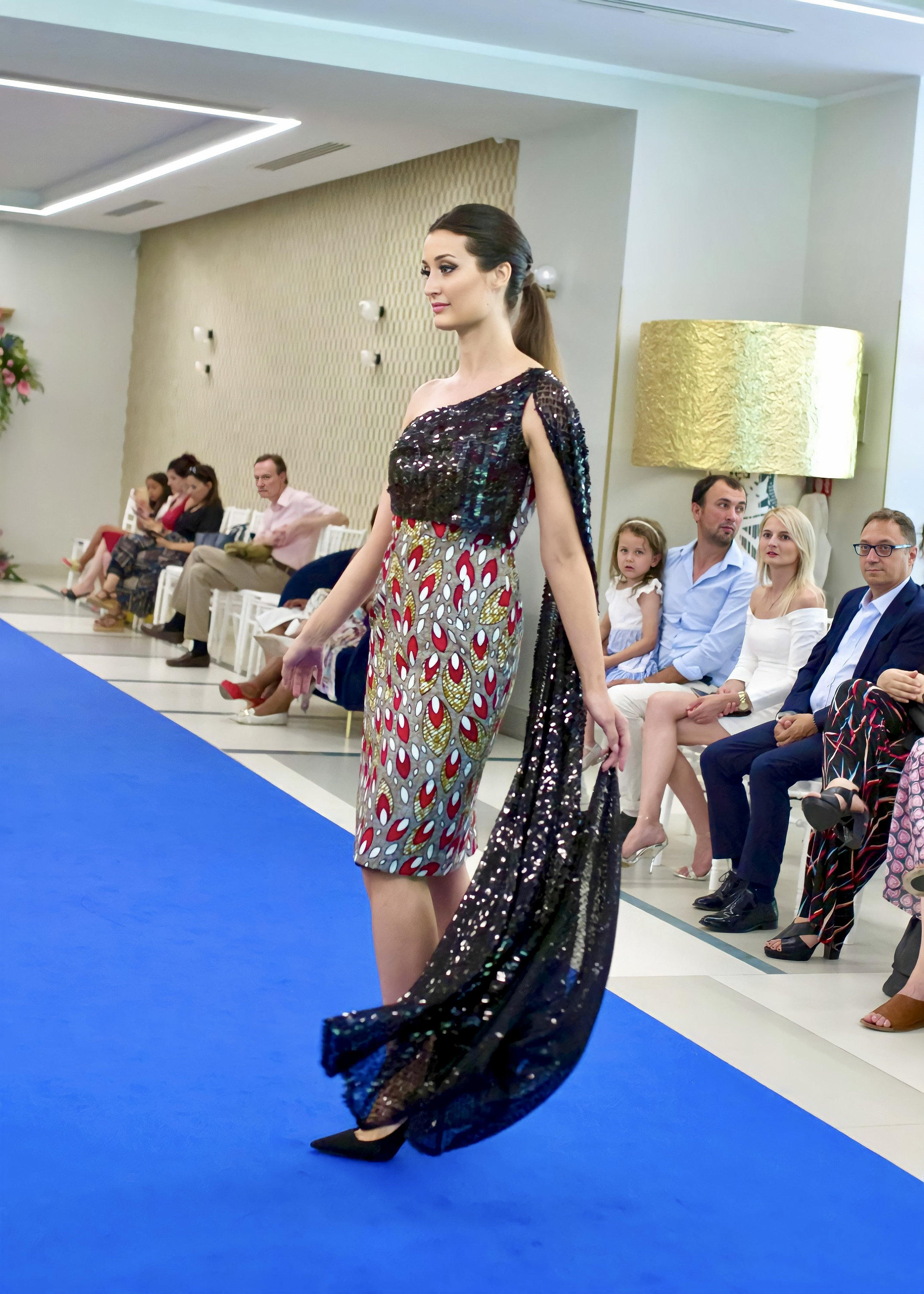RED BLACK One Shoulder Draped Cape Cocktail Dress African Wax