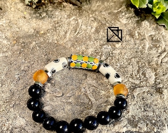 BLACK ‘n WHITE  Men’s Bracelet, Gemstone bracelet, Unisex Stretch bracelet, African bracelet Sku # GKB1010