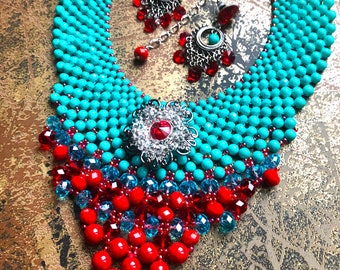 Turquoise ‘n Red Sizzle Neckpiece & Earrings Set/ Boho Chic Jewelry/ Statement Neckpiece SKU # BN1001