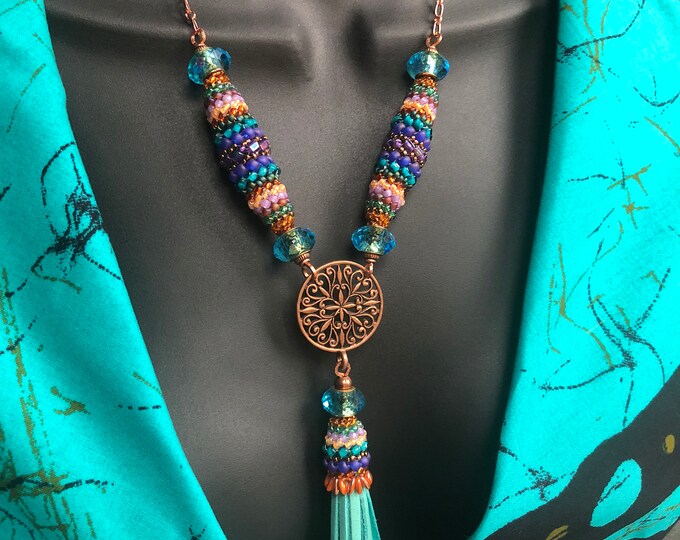 COLOR SPLASH Beaded Bead ‘n’ Tassel Necklace, Diagonal Cellini Bead, Purple-Teal Necklace