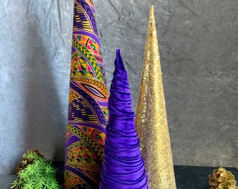 Royal Purple Christmas Cone Tree Sets,  Fabric Trees, Graduated size trees, Velvet trees,  Ankara Cones, African Ornaments SKU KCT2001