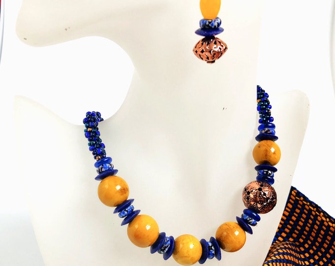 Kente Whispers Necklace and Earrings Set/ blue and yellow Kumihimo/ beaded braids/ Porcelain beads/ copper focal bead/ Japanese Toho beads