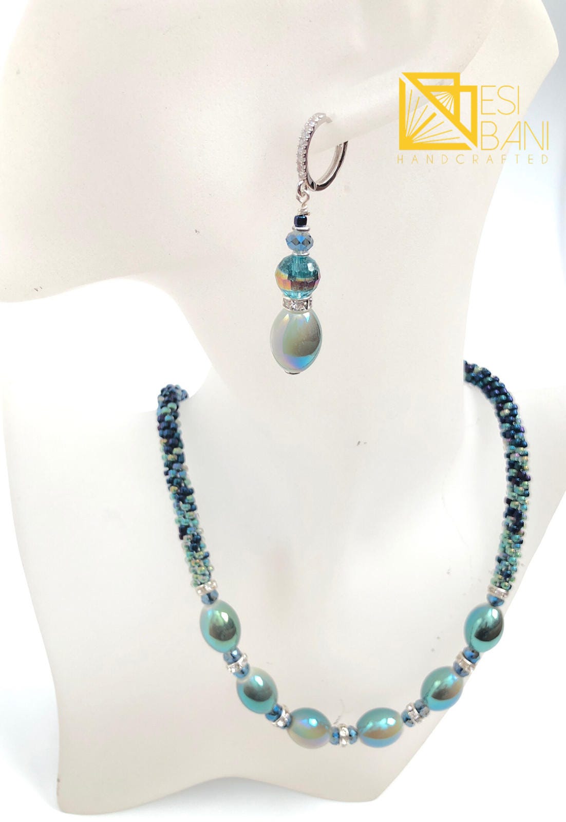 Iridescent Blue Glass Beads Necklace Set on Sale.