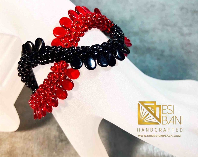 Red/Black Criss-Cross Bracelet, Kumihimo bracelet, beaded bracelet, Statement jewelry