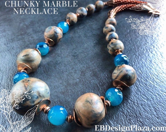 CHUNKY BLUE ‘Agate n’ COPPER Necklace, Kumihimo Necklace,