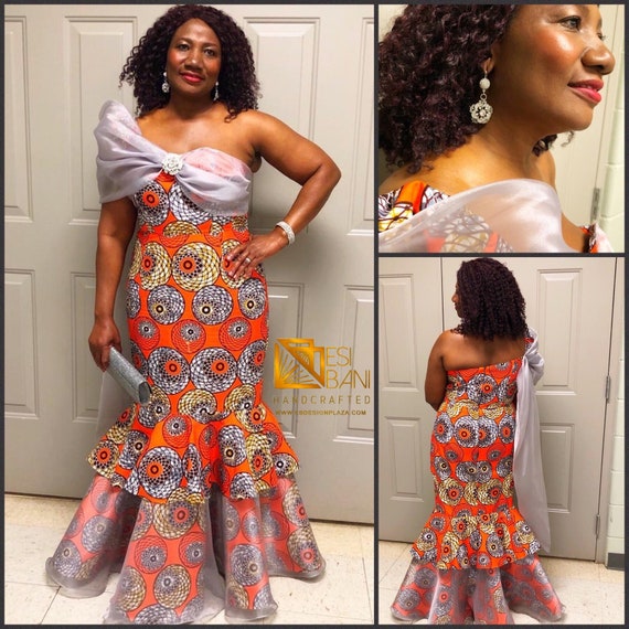 Mermaid African Print Gown Orange Grey Ankara Maxi Dress Etsy
