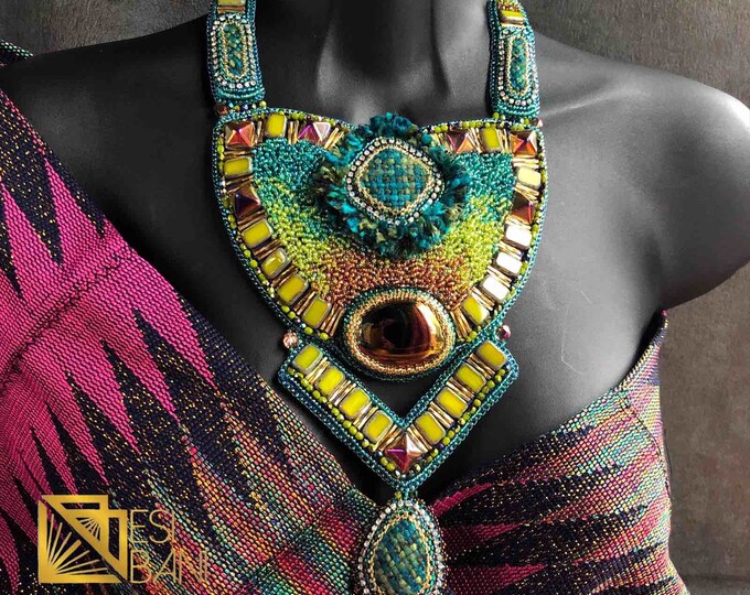 TEAL n’ SUNSET “Chanel in the Topics” Necklace/ Bead Embroidery/ Swarovski Crystal Neckpiece/ Statement Necklace