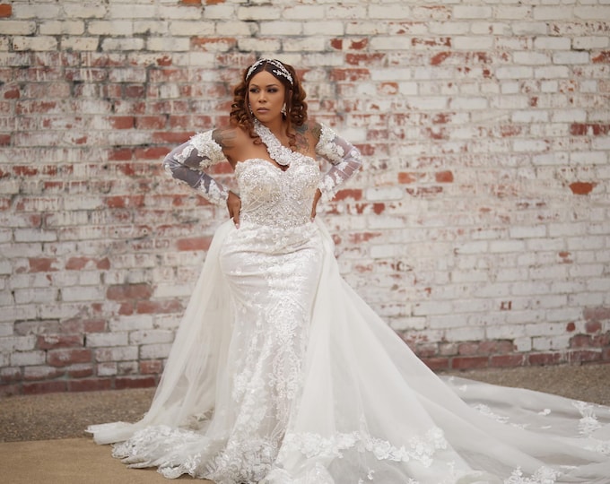 ZITA Bridal Crystals Mermaid Gown with detachable Overskirt train, Detachable sleeves, Wedding Dress, SKU# WDMG1028