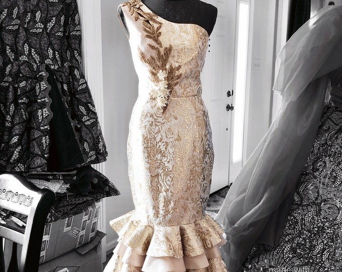 Gold ‘n’ Ivory One-Shoulder Mermaid Dress, Brocade Dress, Floral Appliqué, Couture Dress, Special Occasion, Bridal, Wedding Anniversary