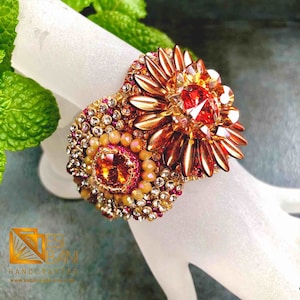 SAHARA SPARKLE Swarovski Crystals Cuff Bracelet, Bead Embroidery, Fuchsia & Honey bracelet, Bling Bracelet