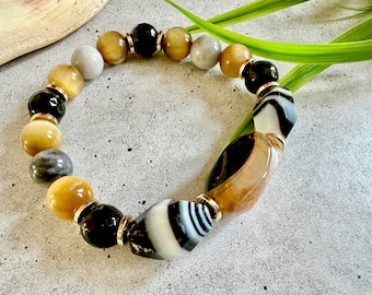 Golden Agate & Tiger Eye bracelet, Gold Brown and black Unisex Stretch bracelet, African bracelet SKU #BM2408