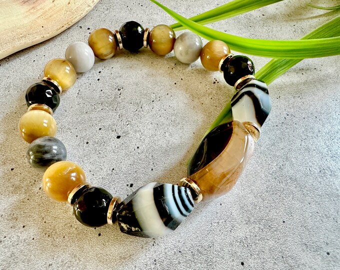 Golden Agate & Tiger Eye bracelet, Gold Brown and black Unisex Stretch bracelet, African bracelet SKU #BM2408