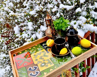Bandeja resinada Mudcloth, bandeja de madera y tela de bambú, bandejas de regalo de boda, regalo de vacaciones, bandeja africana de Ankara SKU MRT1002