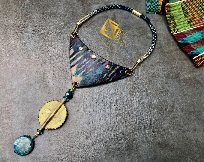 QUEEN AMINA Shibori/Adiré Leather Neckpiece, tiedyed leather, African Brass