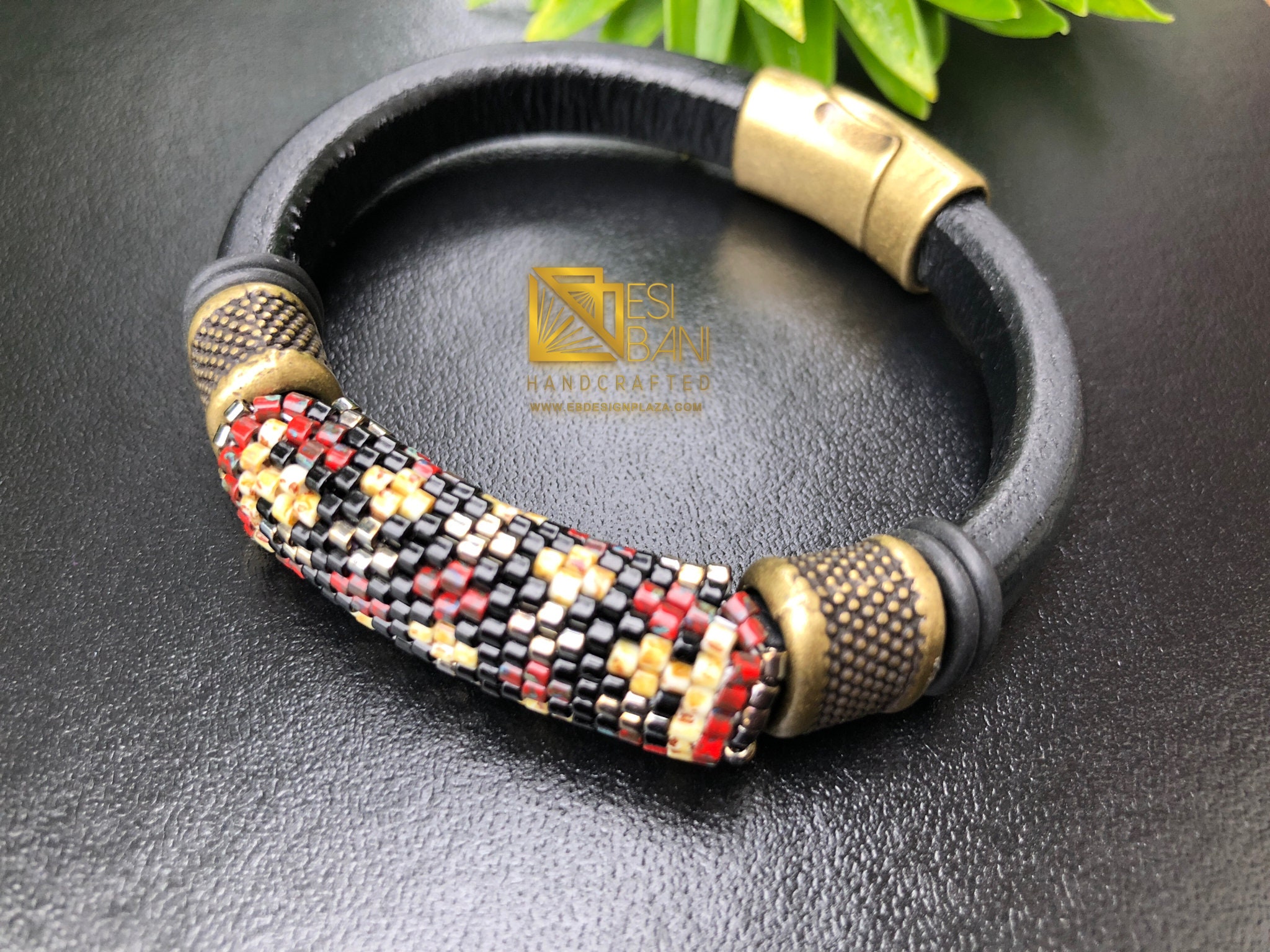 Beige Picasso Cherry and Bronze beaded Greek leather bracelet Men s bracelet womens bracelet