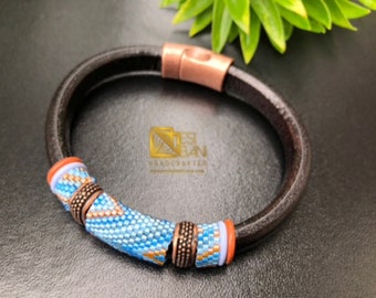 Blue and Copper Beaded Greek Leather/ Unisex Bracelet, Men’s Bracelet, Women’s Bracelet