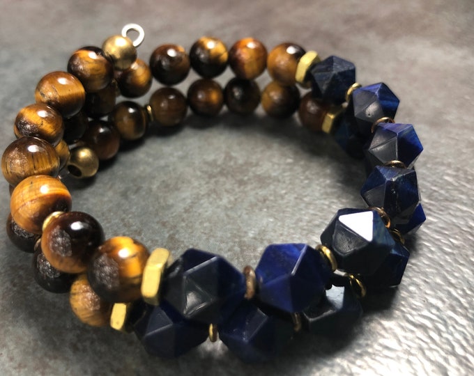 COGNAC at MIDNIGHT MEN’S Tiger Eye Bracelet, Memory Wire Bracelet, Brown & Blue bracelet