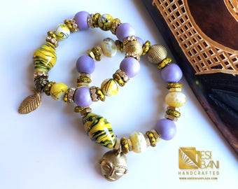 His ‘n Hers Purple & Yellow Bracelets/ Recycled Glass Beads/African Beads