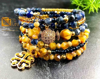 BLUE ‘n GOLD TIGER Eye  Wrap Cuff Bracelet, Cubic Zirconia,, Adinkra Symbol, Memory Wire Bracelet Sku MWTE1001