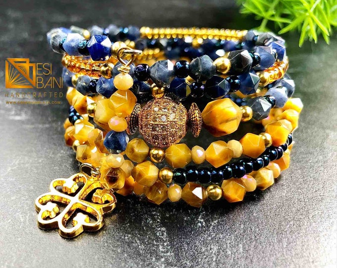 BLUE ‘n GOLD TIGER Eye  Wrap Cuff Bracelet, Cubic Zirconia,, Adinkra Symbol, Memory Wire Bracelet Sku MWTE1001