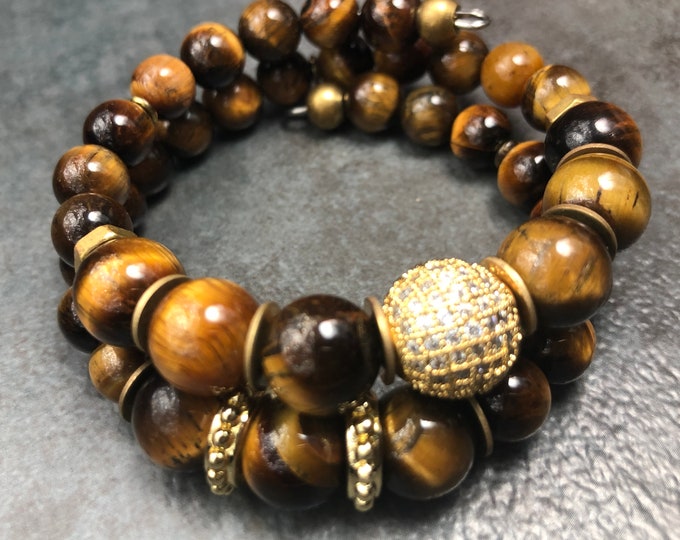 KING CHAKA Mens Tiger Eye Bracelet, Memory Wire Bracelet, Gemstone Bracelet