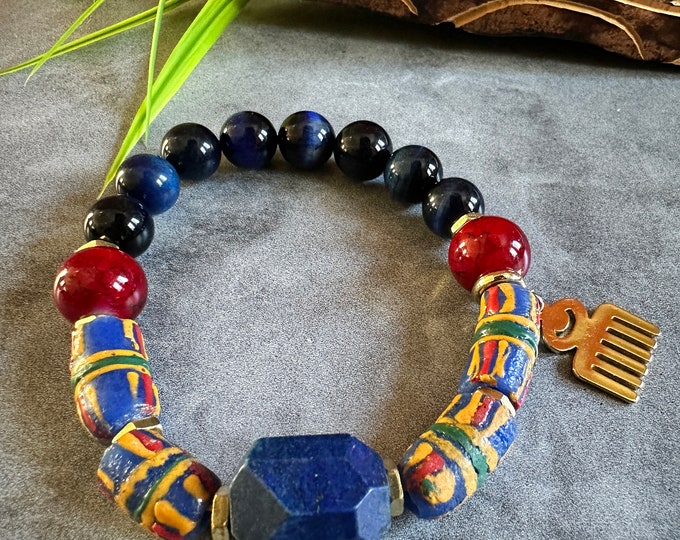 Kente Chief Lapis Lazuli, Blue Tiger Eye, Deep burgundy beads & Krobo beads Bracelet, Unisex Stretch bracelet, African bracelet SKU #BM2406