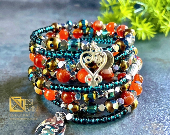 PARADISE Carnelian n Teal Wrap Cuff Bracelet, Silvertone Adinkra Sankofa charm and Gye Nyame charm, Memory wire bracelet SKU# MWB1004