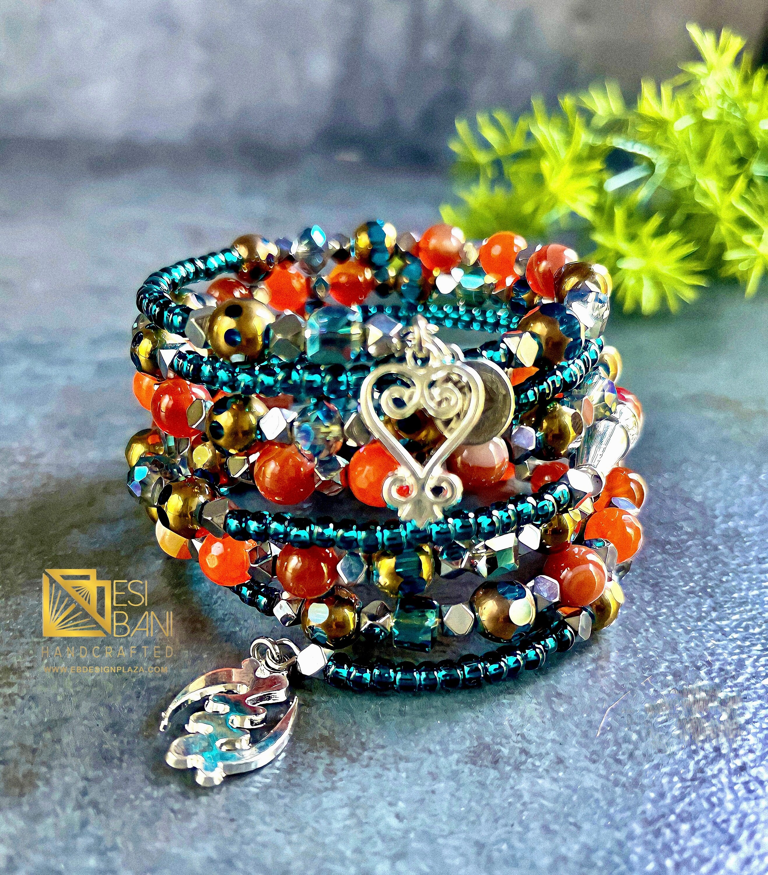 Beaded Memory Wire Bracelet featuring Tropical Denim Blue and Brown Wood  Beads and Flower Charm