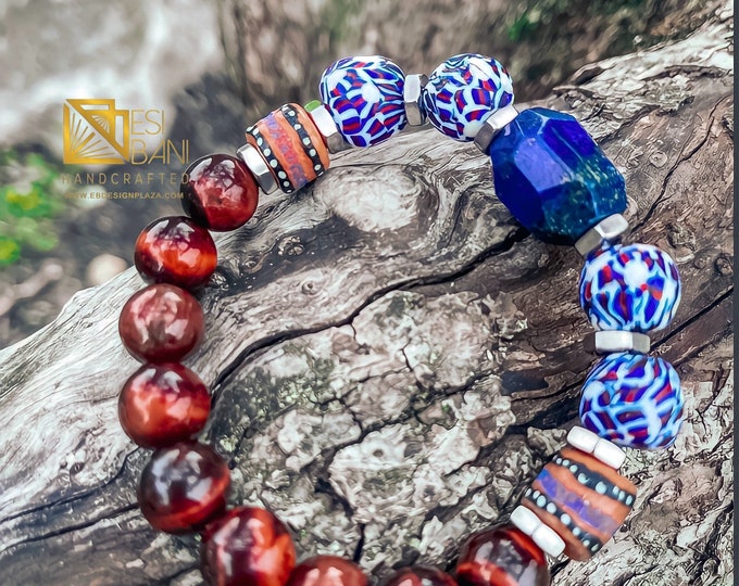 Lapis Lazuli & Tiger Eye Men’s Bracelet, Gemstone, Ghana Krobo Recycled beads Bracelet, Unisex Stretch African bracelet SKU # GKB1011