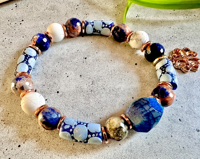 Blue Lagoon ‘n Copper Adinkra bracelet, Krobo recycled glass, blue Sodalite, Howlite Unisex Stretch bracelet, African bracelet SKU #BM2407