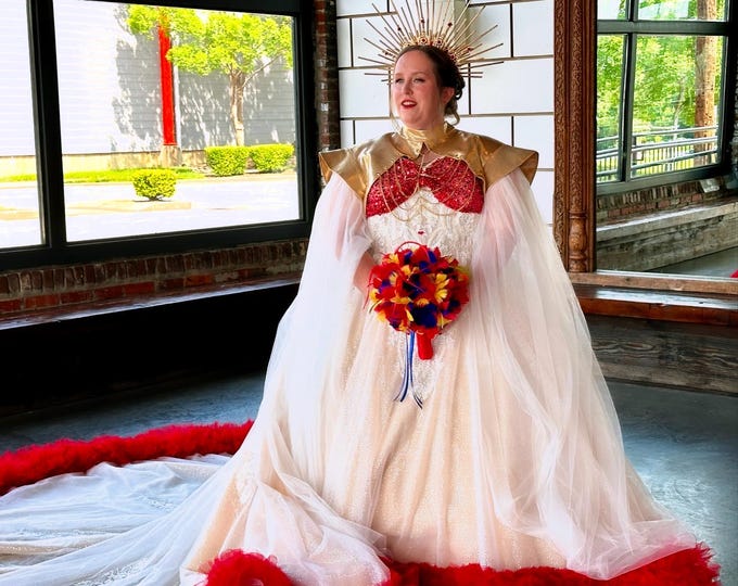 GODDESS ZANNE Red n Ivory Bridal Ball Gown, Bustle Train, Detachable Gold Bolero with long tulle sleeves, Wedding Dress, SKU# WDMG1024