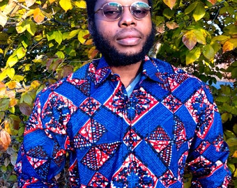 Camisa de hombre BLUE DIAMOND, camisa de manga larga con estampado africano